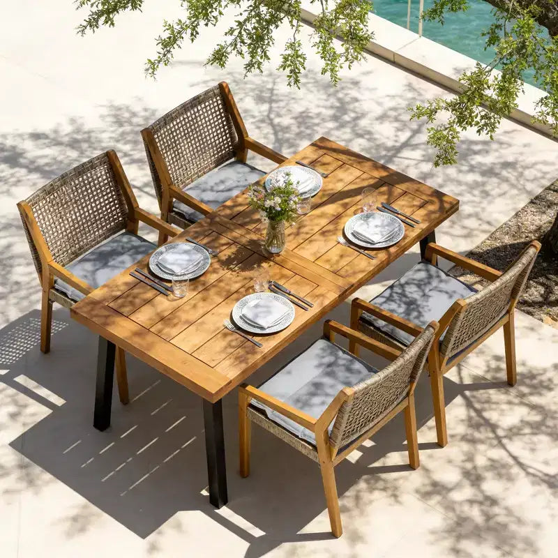 Christopher Knight Home Neva 5 Piece Industrial Outdoor Acacia Wood and Wicker Dining Set with Cushions