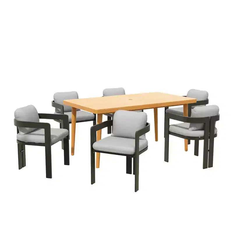 Christopher Knight Home Pula 7 Piece Outdoor Acacia Wood and Aluminum Dining Set with Umbrella Hole and Cushions