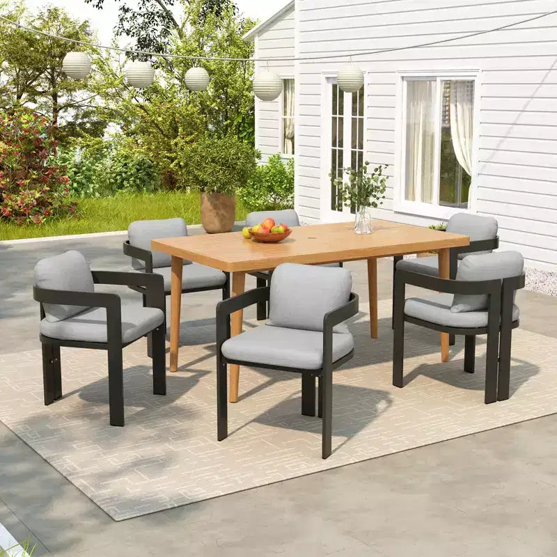Christopher Knight Home Pula 7-teiliges Essset aus Akazienholz und Aluminium für den Außenbereich mit Sonnenschirmöffnung und Sitzkissen