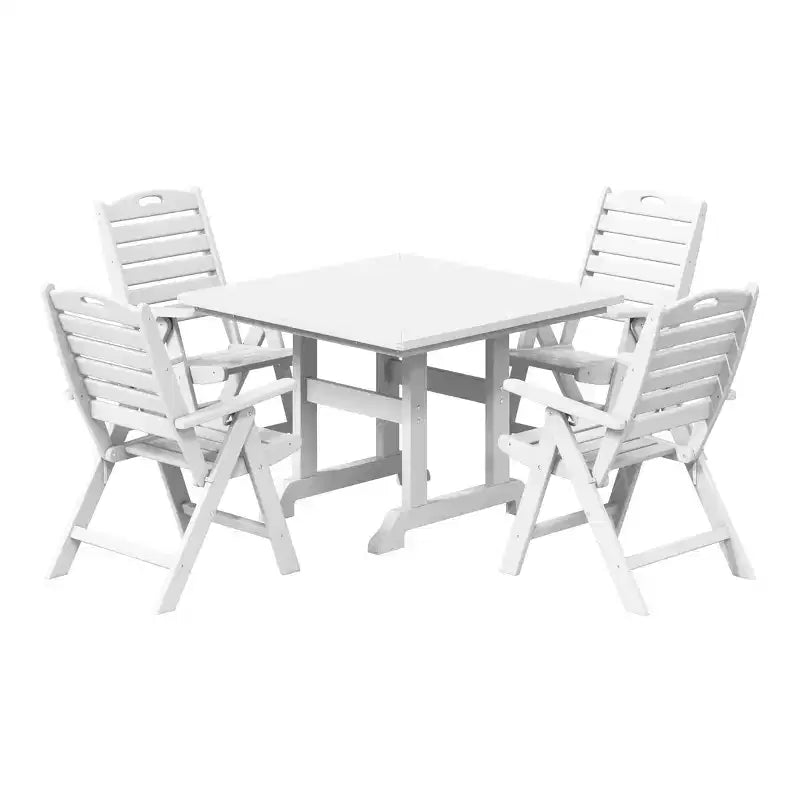 Set da pranzo da patio WestinTrends Malibu 5 pezzi con tavolo quadrato in HDPE e sedie pieghevoli, bianco