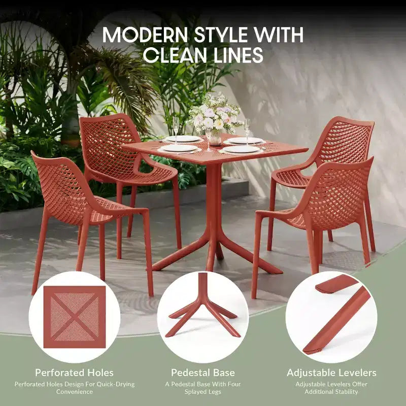 WestinTrends Playa Modern 5-Piece Resin Patio Dining Table Set with Stackable Patio Dining Chairs, Red