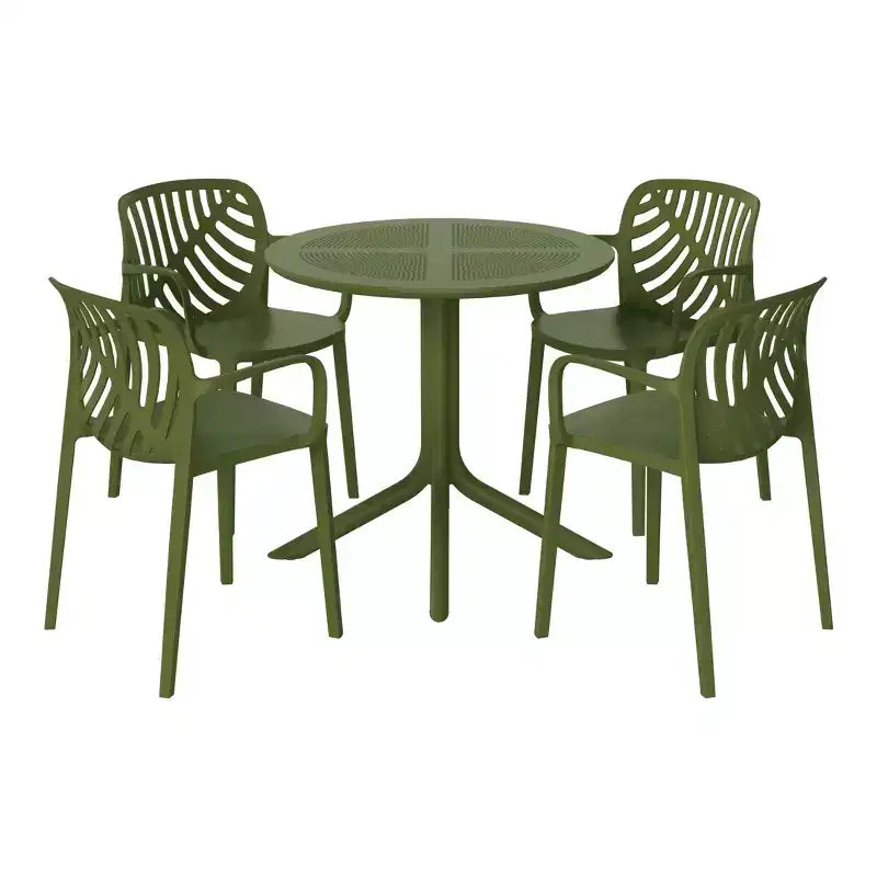 Set da pranzo da patio da esterno Playa di WestinTrends, 5 pezzi, con tavolo rotondo in resina e sedie da pranzo moderne impilabili