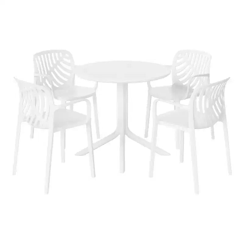 Set da pranzo da patio da esterno Playa di WestinTrends, 5 pezzi, con tavolo rotondo in resina e sedie da pranzo moderne impilabili