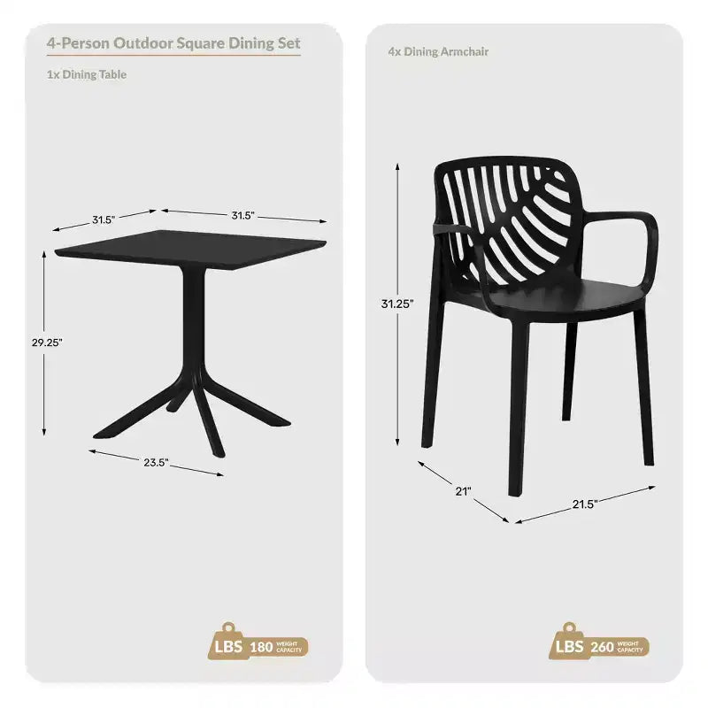 WestinTrends Playa 5-Piece Outdoor Square Patio Dining Table Set with Stackable Patio Dining Chairs