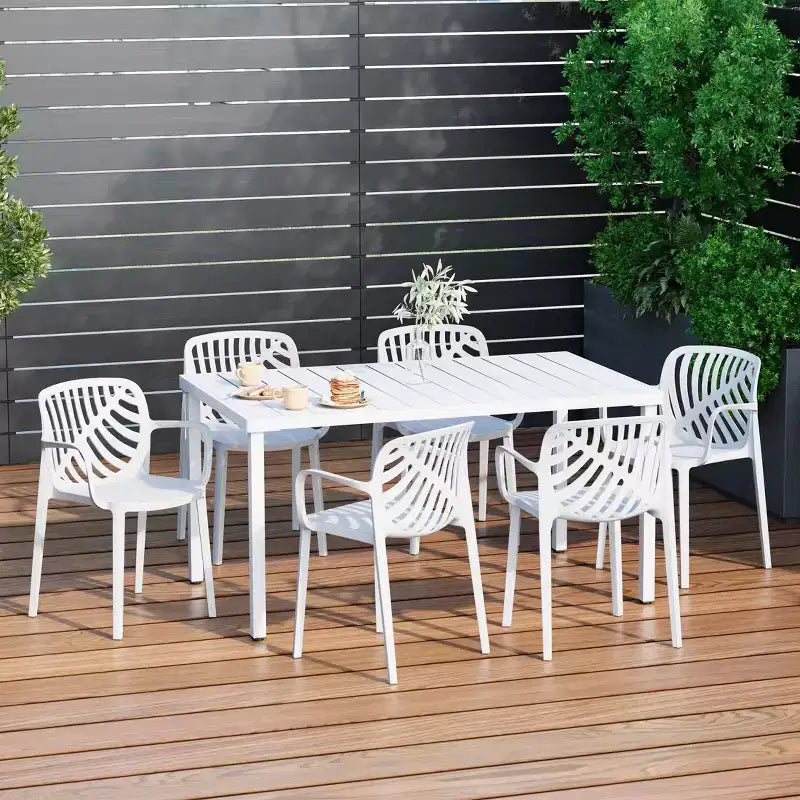 WestinTrends Playa 7-Piece Outdoor Metal Rectangle Patio Dining Table Set With Stackable Resin Patio Dining Chairs