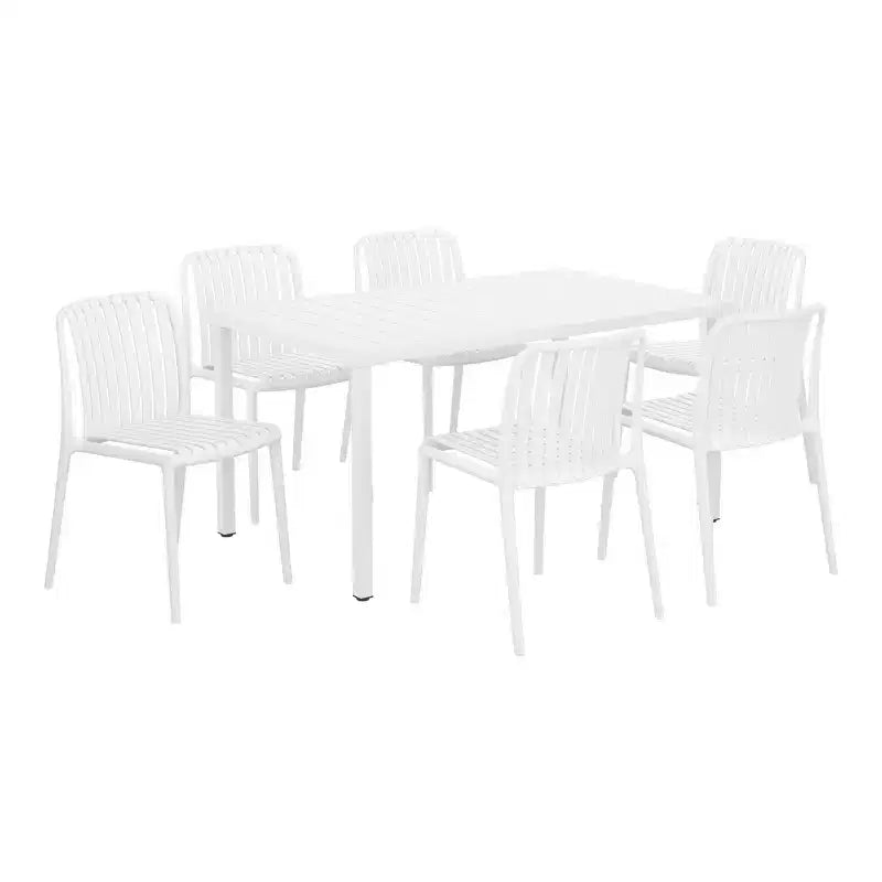 Set da pranzo da patio da esterno WestinTrends Playa da 7 pezzi con tavolo e sedie impilabili