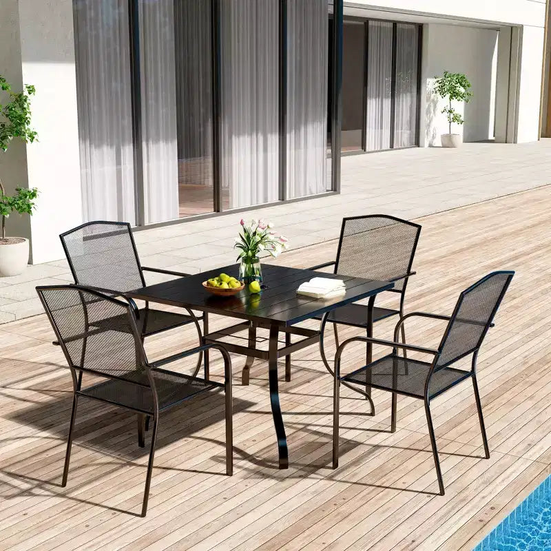 CLIHOME 5-Piece Outdoor Dining Set,With Umbrella Hole Square Table & Mesh Chairs Patio Set