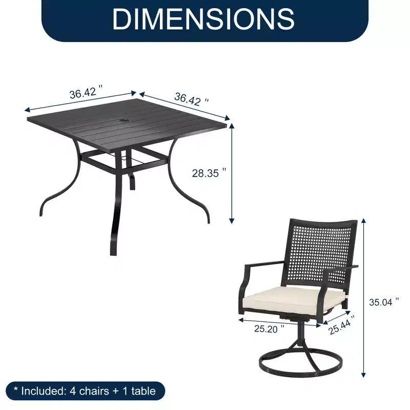 CLIHOME 5-Piece Patio Dining Set,Umbrella Hole Square Table & 360 Swivel Cushion Chairs Outdoor Set