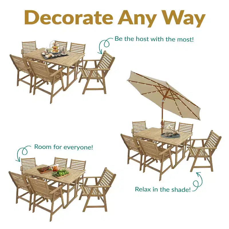 Sunnydaze Hatteras Acacia Wood Outdoor Dining Set with Table and Armchairs - 7pc - Natural