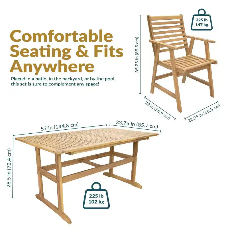 Sunnydaze Hatteras Acacia Wood Outdoor Dining Set with Table and Armchairs - 7pc - Natural
