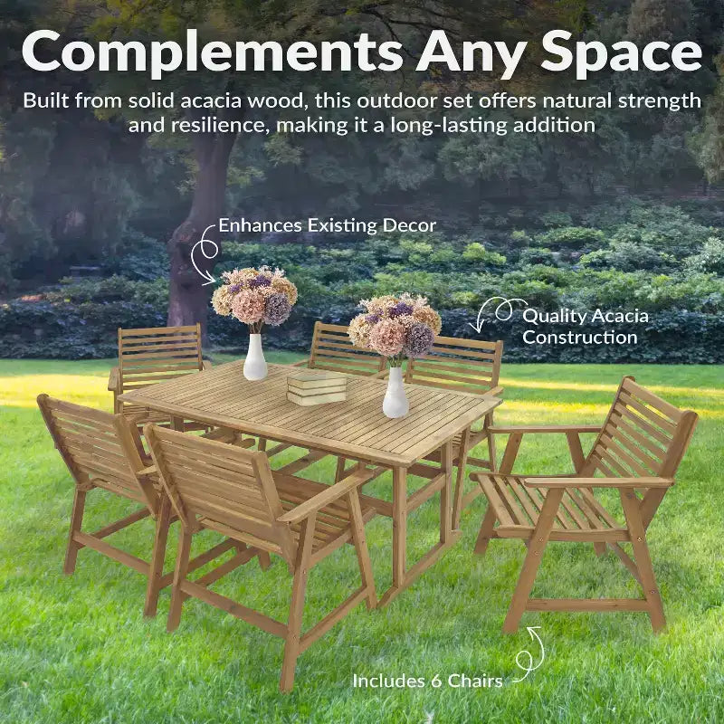 Sunnydaze Hatteras Acacia Wood Outdoor Dining Set with Table and Armchairs - 7pc - Natural
