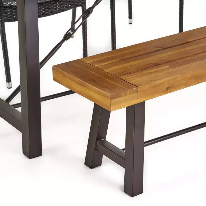 GDFStudio Mahalo Outdoor Wicker and Acacia Wood 6 Piece Dining Set with Bench