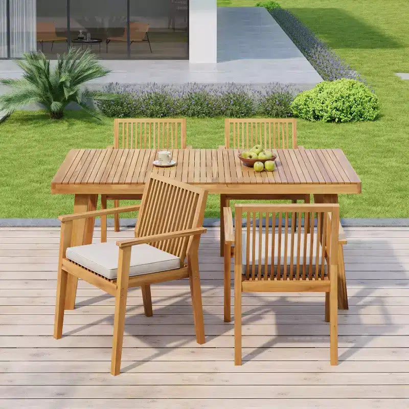 Set da pranzo da patio in legno di acacia rustico Ashe di Christopher Knight Home, 5 pezzi, con cuscini