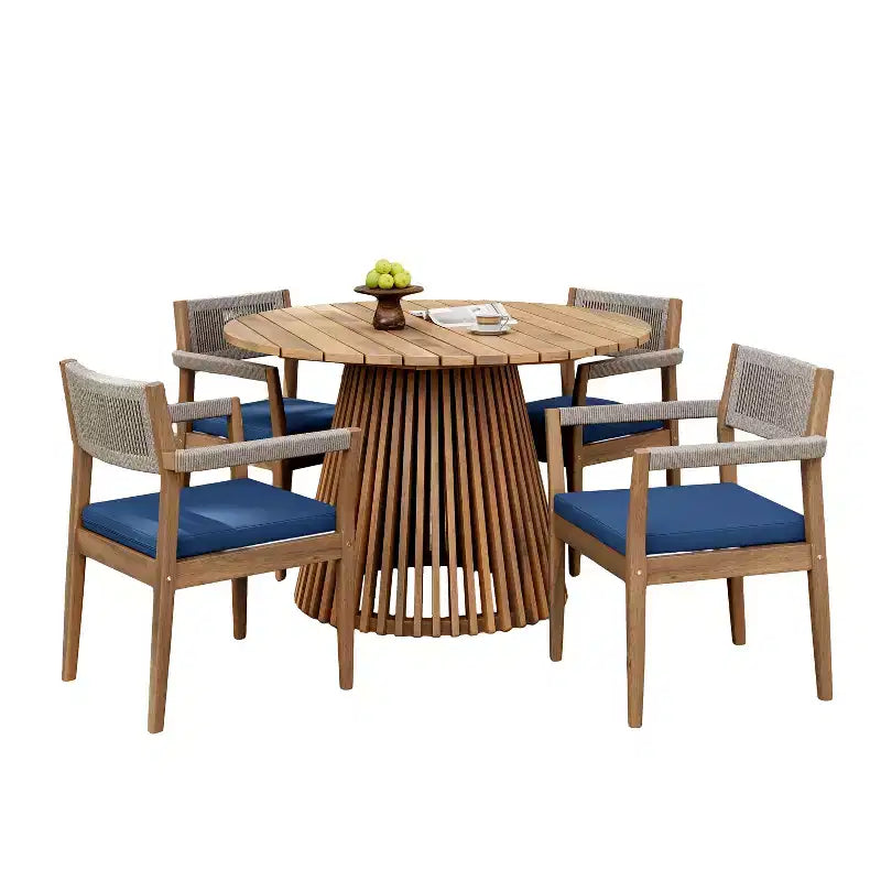 Christopher Knight Home Sivir Modern Coastal 5 Piece Patio Acacia Wood Dining Set with Cushions