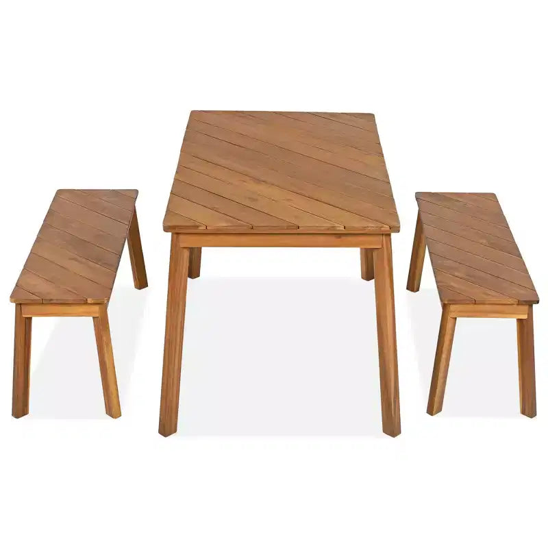 MAYEERTY Dining Set 3 Piece Acacia Table 2 Benches Indoor Outdoor Natural for Patio Garden