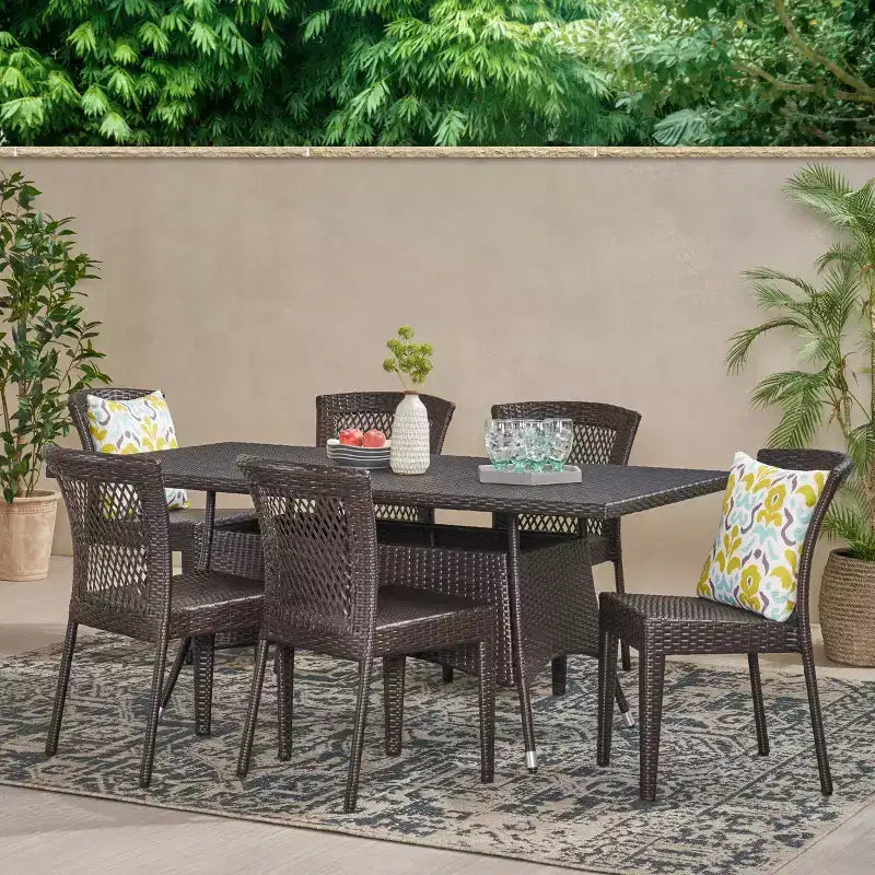 Christopher Knight Home Truda 7 Piece Patio Dining Set with 69 Rattan Table and Stackable Chairs