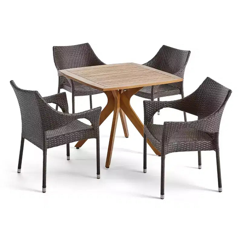 Christopher Knight Home Laura 5 Piece Rattan and Iron Dining Set with X Base Acacia Wood Table