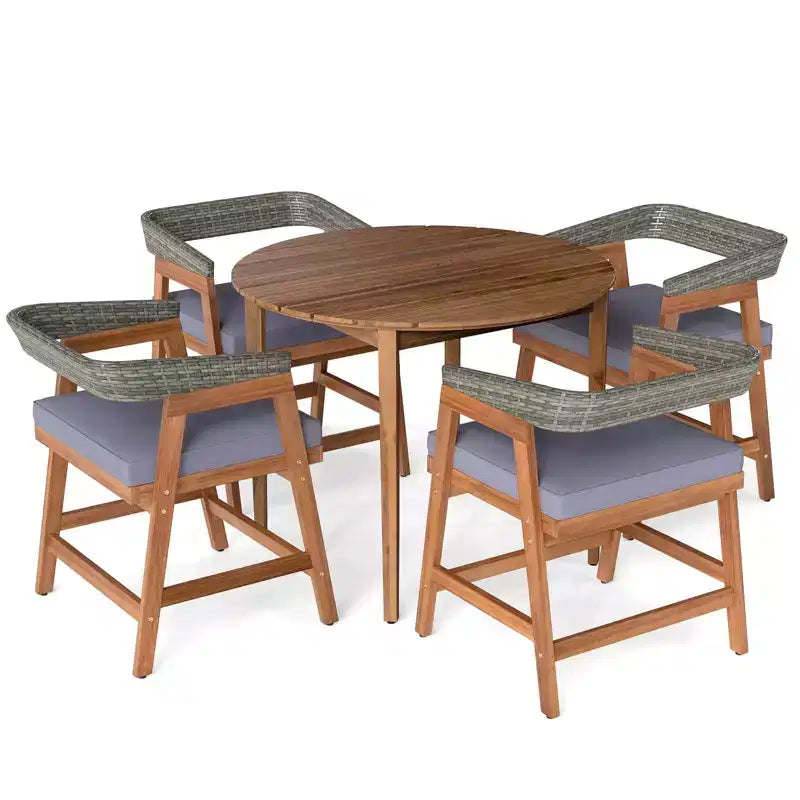 Costway 5 Piece Patio Dining Set Outdoor Solid Wood Furniture with Rattan Backrest