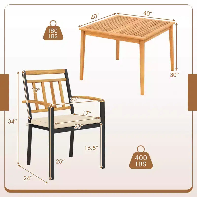 Costway 5 PCS Patio Acacia Wood Dining Set with Soft Seat Cushions Umbrella Hole for Yard