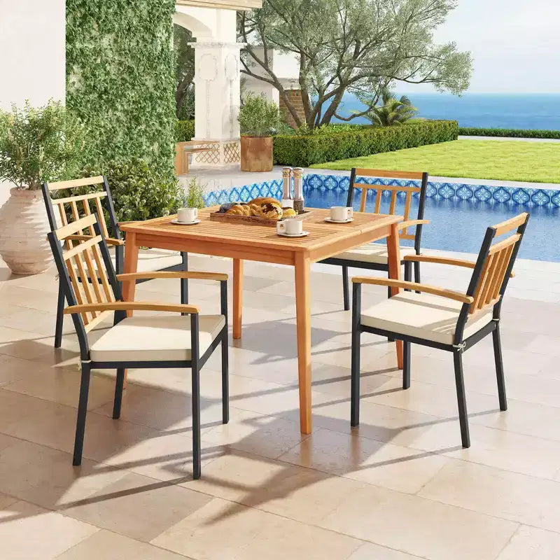 Costway 5 PCS Patio Acacia Wood Dining Set with Soft Seat Cushions Umbrella Hole for Yard