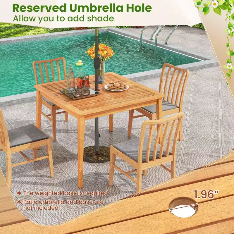 Costway 5 PCS Patio Acacia Wood Dining Set with Soft Seat Cushions Umbrella Hole for Yard