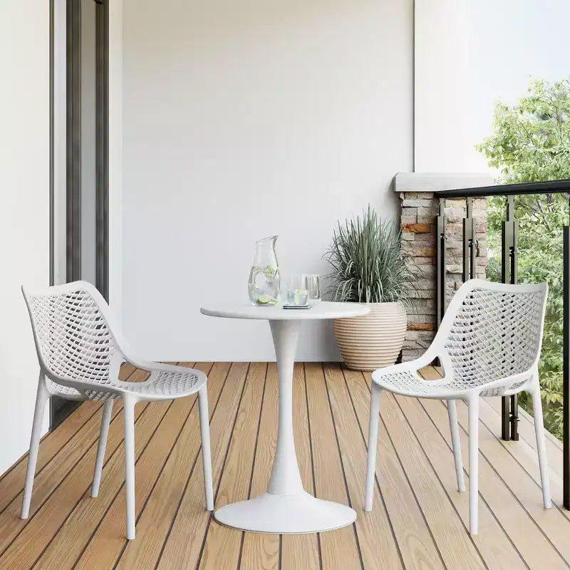 WestinTrends Playa 3-Piece Outdoor Round Metal Dining Table Set And Stackable Resin Patio Dining Side Chairs