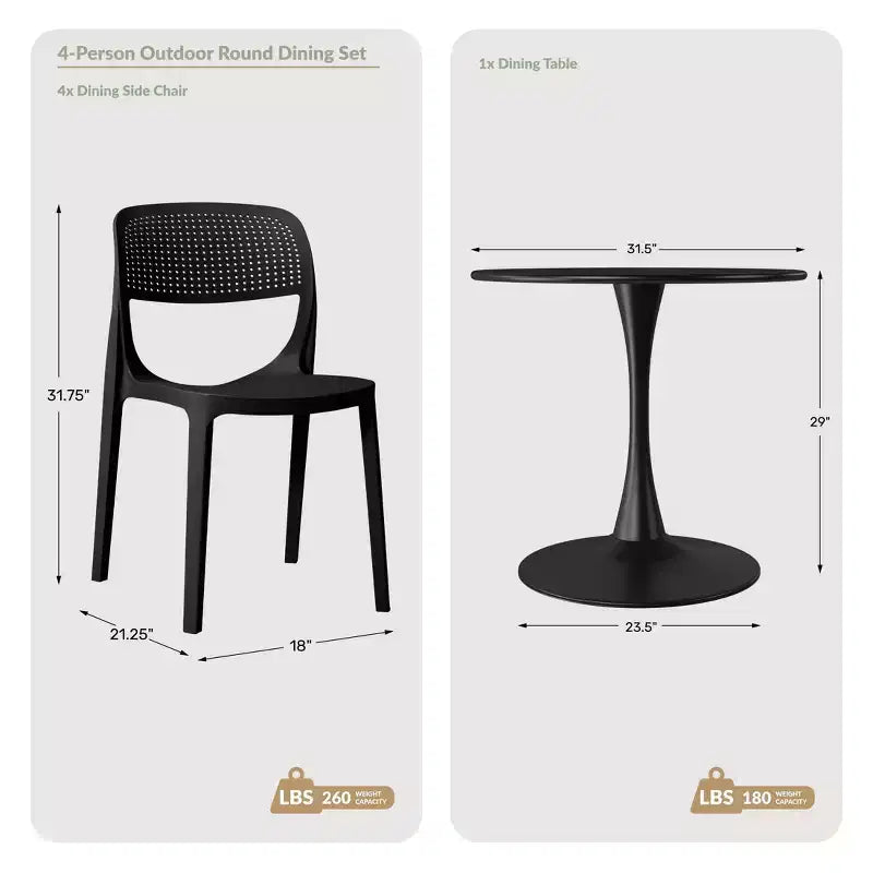 WestinTrends Playa 5-Piece Round Metal Bistro Dining Table Set And Stackable Resin Patio Dining Side Chairs