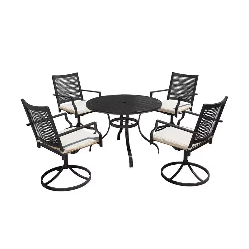 Mondawe 5-Piece Outdoor Dining Set Black Round Table with Umbrella Hole Swivel Dining Chairs