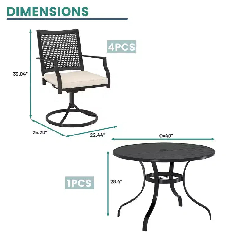 Mondawe 5-Piece Outdoor Dining Set Black Round Table with Umbrella Hole Swivel Dining Chairs