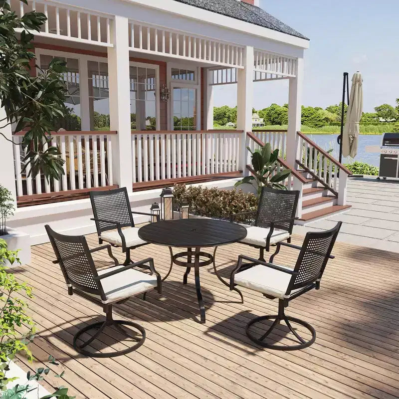 Mondawe 5-Piece Outdoor Dining Set Black Round Table with Umbrella Hole Swivel Dining Chairs
