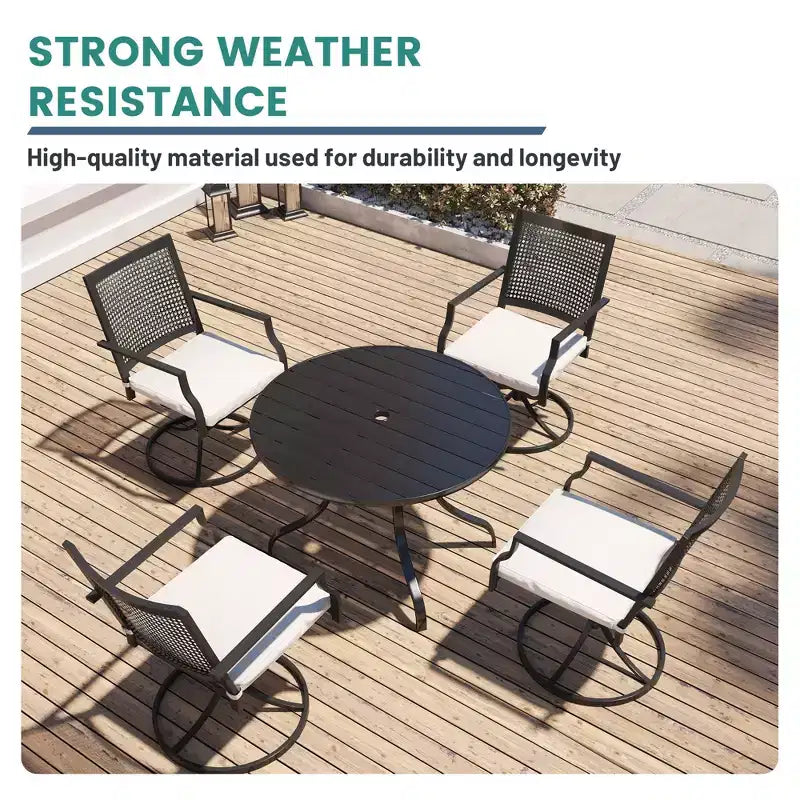 Mondawe 5-Piece Outdoor Dining Set Black Round Table with Umbrella Hole Swivel Dining Chairs