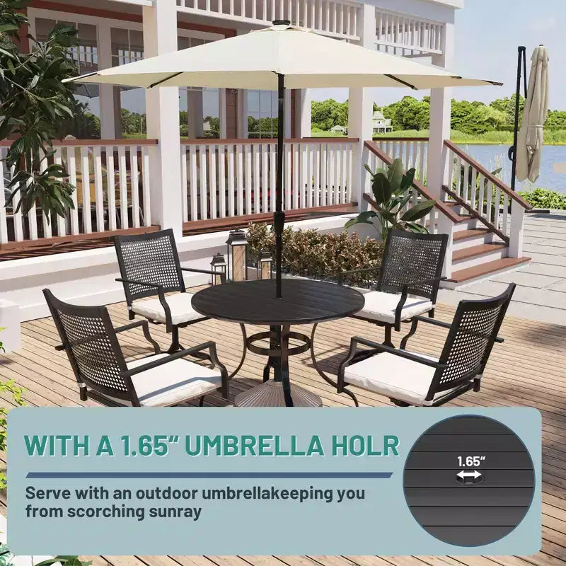 Mondawe 5-Piece Outdoor Dining Set Black Round Table with Umbrella Hole Swivel Dining Chairs