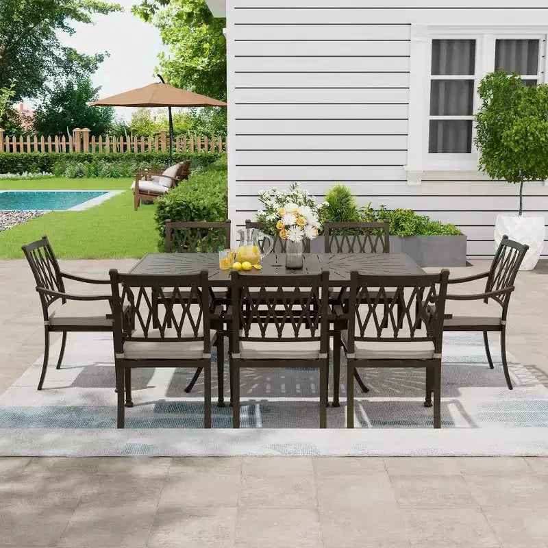 Mondawe 9-Piece Cast Aluminum Patio Dining Set 1 Rectangle Retro Table and 8 Dining Chairs with Cushion