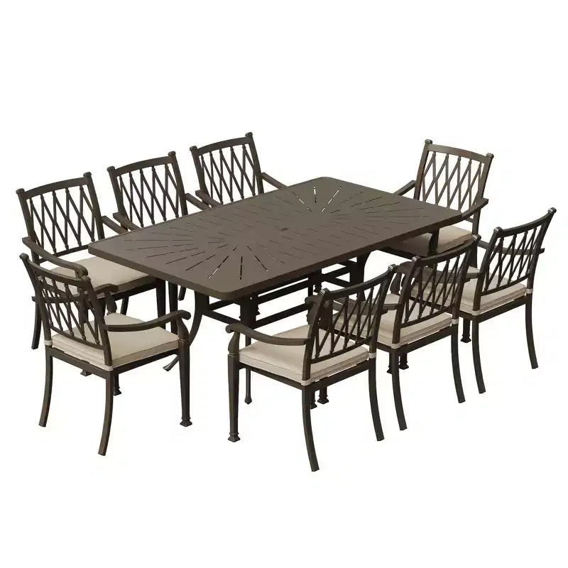 Set da pranzo da patio Mondawe in alluminio pressofuso, 9 pezzi: 1 tavolo rettangolare rétro e 8 sedie da pranzo con cuscini