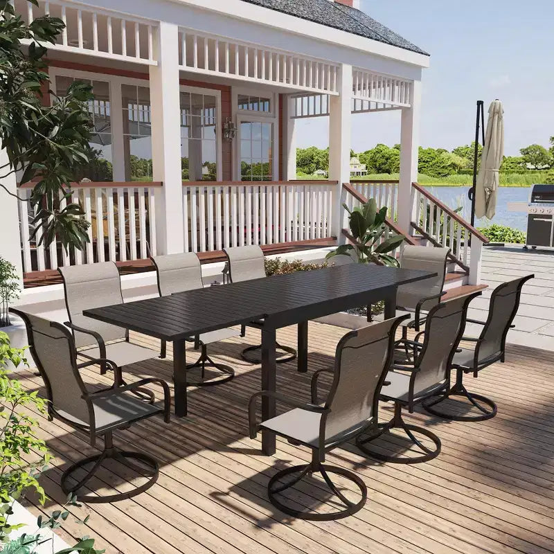 Mondawe 9-Piece Outdoor Dining Set,With 1 Piece Extendable Rectangle Table and 8 Piece 360 Degree Swivel Chair Patio Set
