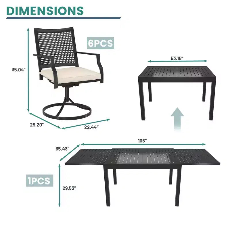 Mondawe 7-Piece Outdoor Dining ,With 1 Piece Extendable Rectangle Table and 6 Piece 360 Degree Swivel Chair Patio Set