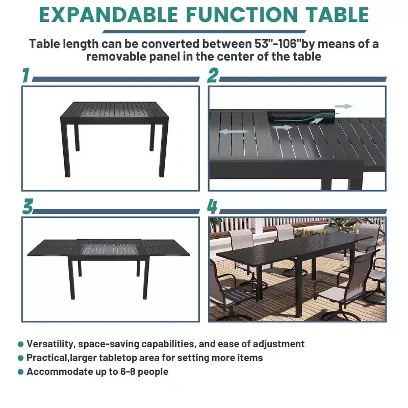 Mondawe 7-Piece Outdoor Dining ,With 1 Piece Extendable Rectangle Table and 6 Piece 360 Degree Swivel Chair Patio Set