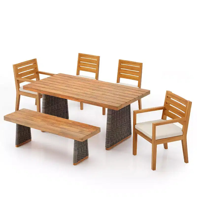 Christopher Knight Home Juliette Rustic 7 Piece Outdoor Rattan Acacia Wood Slatted Dining Set with Cushions