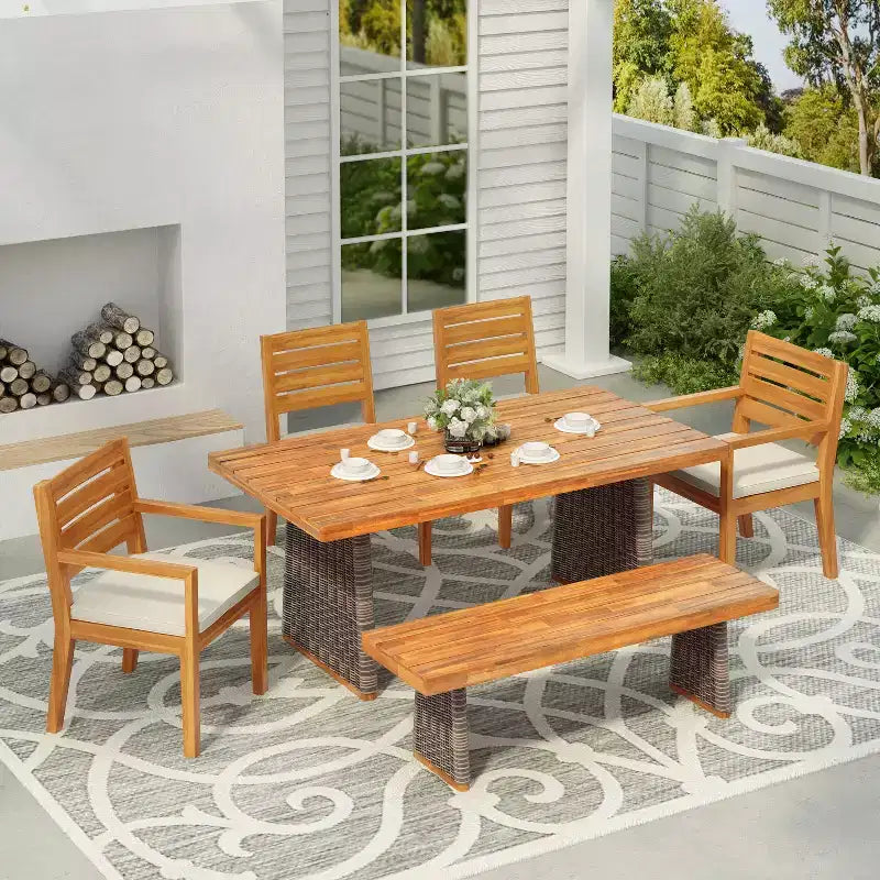 Christopher Knight Home Juliette rustikales 7-teiliges Outdoor-Esszimmermöbelset aus Rattan und Akazienholz mit Lamellen und Polstern