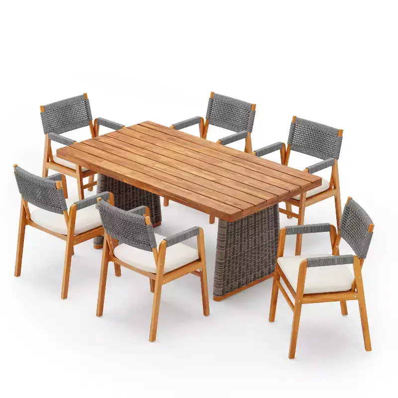 Christopher Knight Home Helena Rustic 7 Piece Outdoor Woven Rope Acacia Wood Dining Set with Rattan Slatted Table