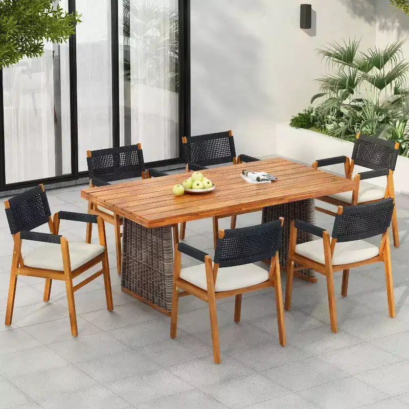 Christopher Knight Home Helena Rustic 7 Piece Outdoor Woven Rope Acacia Wood Dining Set with Rattan Slatted Table