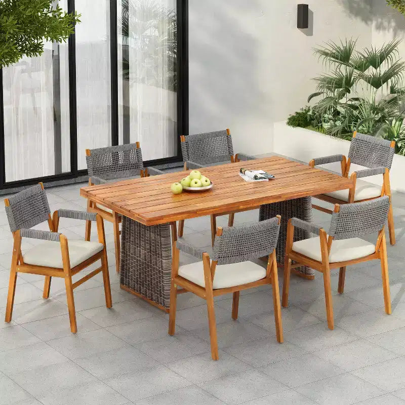 Christopher Knight Home Helena rustikales 7-teiliges Outdoor-Esszimmerset aus geflochtenem Seil und Akazienholz mit Tisch mit Lattenplatte aus Rattan