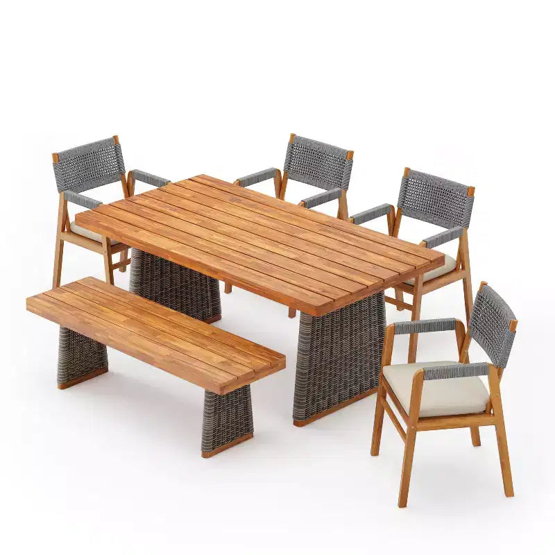 Christopher Knight Home Amara Rustic 6 Piece Outdoor Acacia Wood Dining Set with Rattan Slatted Table and Cushions