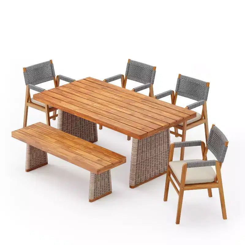 Christopher Knight Home Liliana Rustic 6 Piece Outdoor Acacia Wood Dining Set with Rattan Slatted Table and Cushions