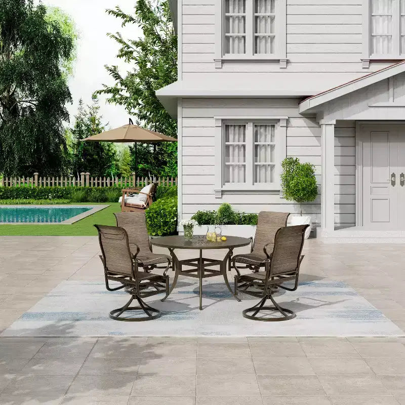 Mondawe 5 Pieces Outdoor Patio Dining Set with 53 in W Round Dining Table and 4 Swivel Rocking Chairs