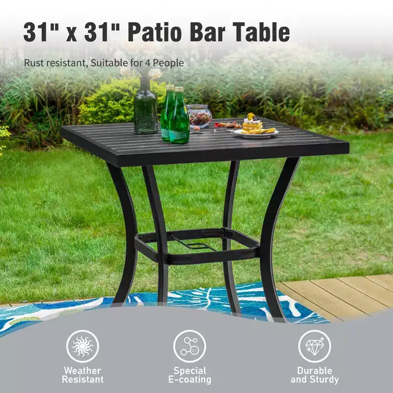 Captiva Designs 3pc Outdoor Patio Metal Bar Height Table & Bar Swivel Chair with Cushion and Armrest