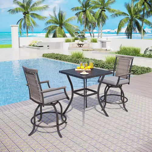 Captiva Designs 3pc Outdoor Patio Metal Bar Height Table & Bar Swivel Chair with Cushion and Armrest