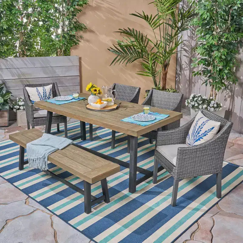 Christopher Knight Home Calero 6-delige eettafelset voor buiten van acaciahout en wicker met bank