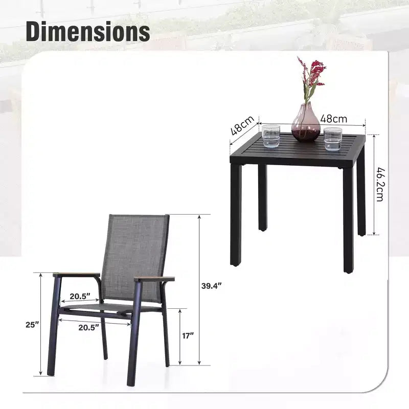 Captiva Designs 3pc Outdoor Patio Dining Steel Table & Gray Wood-look Arm Textilene Sling Chairs
