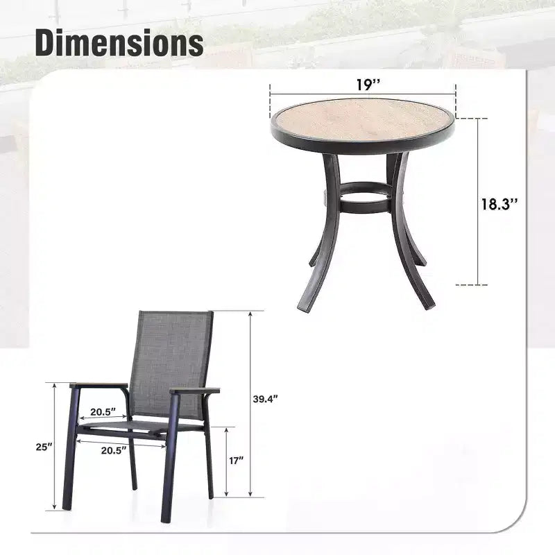 Captiva Designs 3pc Outdoor Patio Dining Steel Table & Gray Wood-look Arm Textilene Sling Chairs